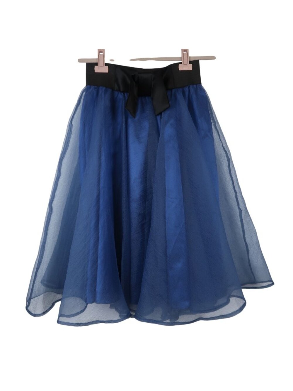 ✨3/$30 Color Lounge M Blue Sheer Overlay Skirt Black Bow Waist Knee Length Midi